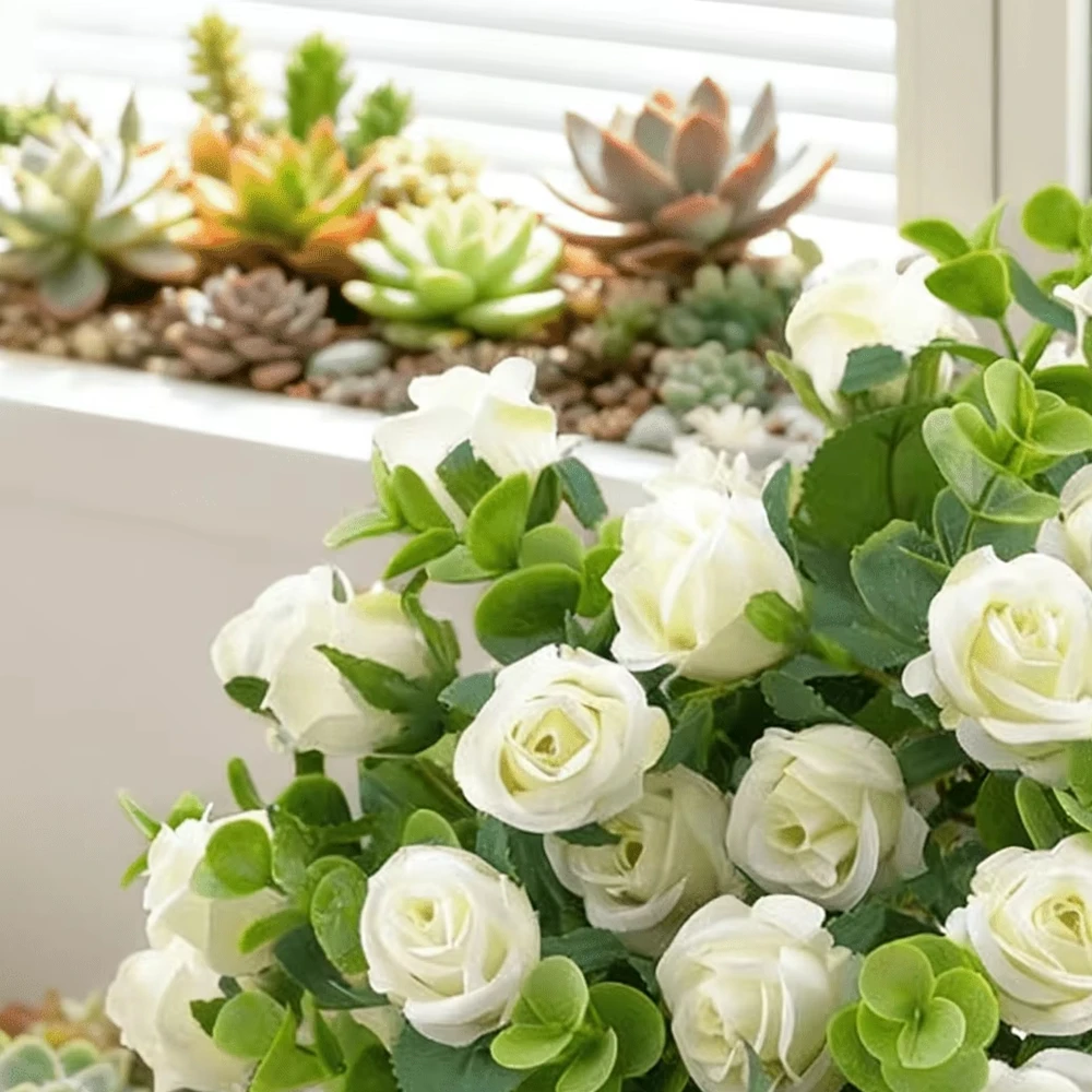 

10Pc Artificial Flowers Silk Roses Bouquet Vase Home Room Decor Outdoor Garden Eucalyptus Leaves Fake Plants Wedding Wreath Gift