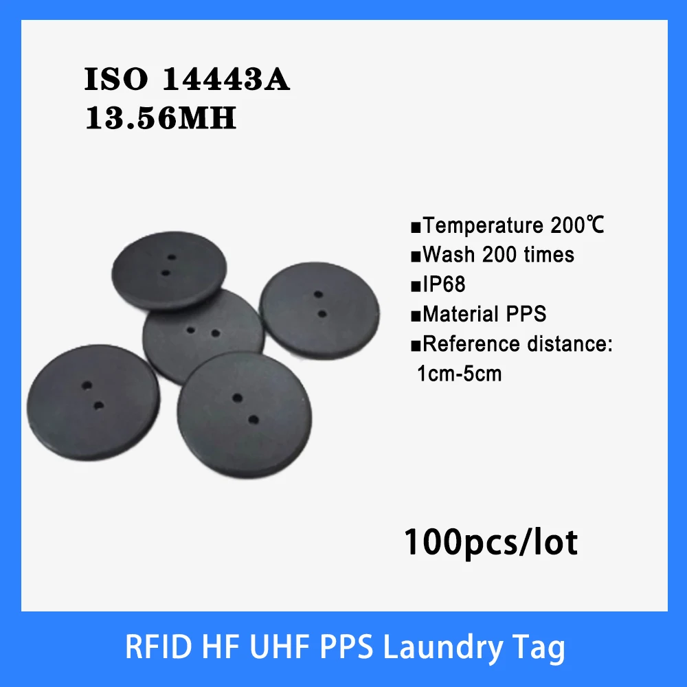 Etiqueta de lavandería RFID HF NFC, resistente a altas temperaturas, 13,56 MHz, botón PPS, tarjeta inteligente ISO14443A, 100 piezas