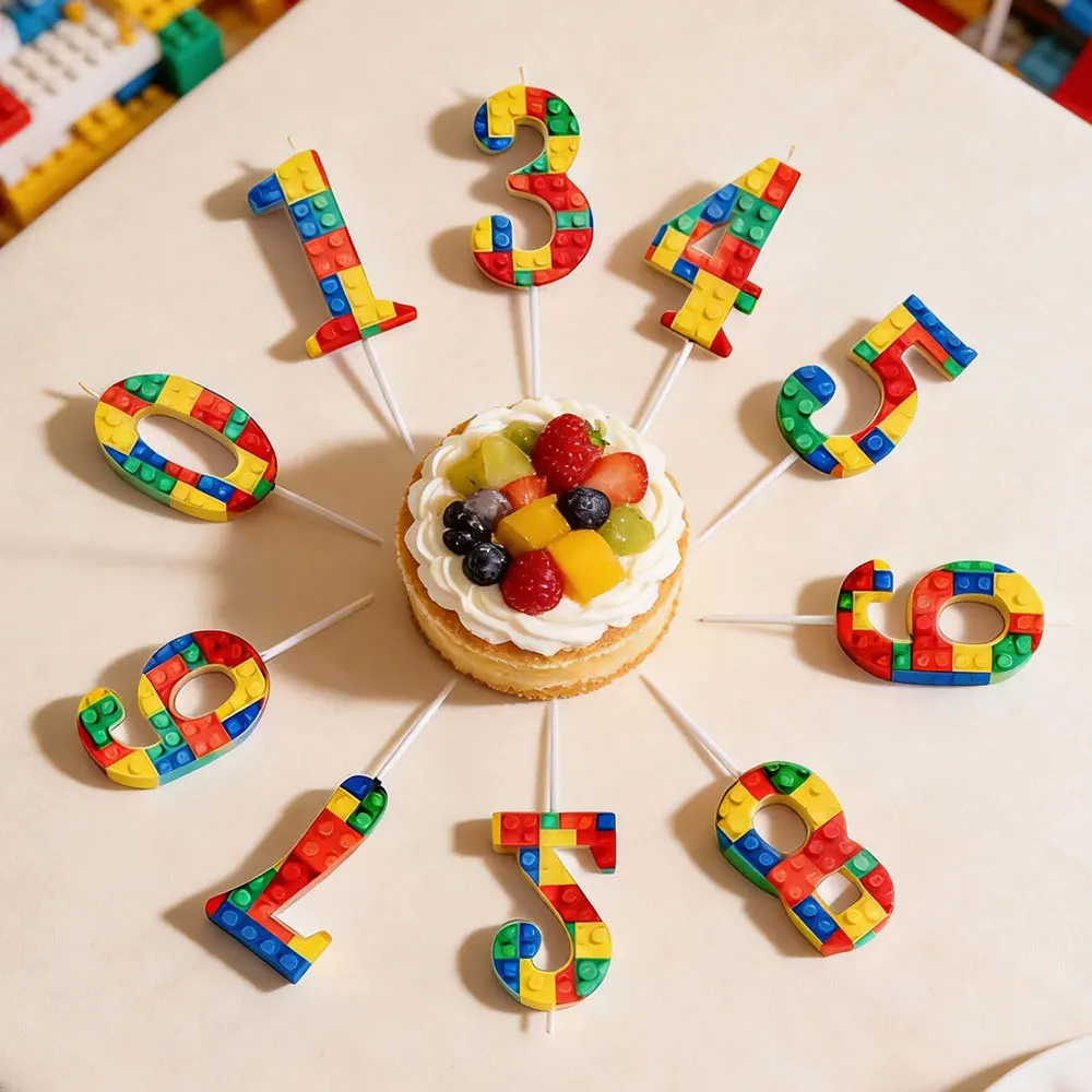 New Building Blocks Numbers 0-9 Birthday Candles Cartoon Theme Cake Decoration 1 PC Colored Building Block Shaped Digital Candle