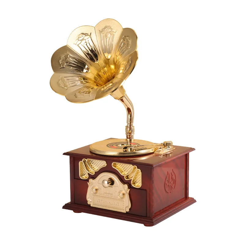 ‌Vintage Phonograph Music Box - Handcrafted Wooden Player with Brass Speaker | Romantic Gift for Anniversaries&Valentine's Day‌
