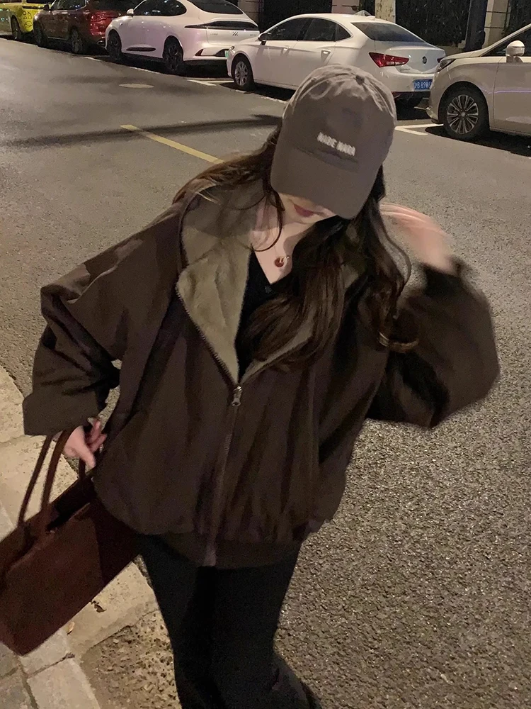 Damen Double-Sided Wear Baumwolle Jaet Winter Thi Oberbekleidung American Lazy Sle Commute Koreanische Version Long Sve Reißverschluss