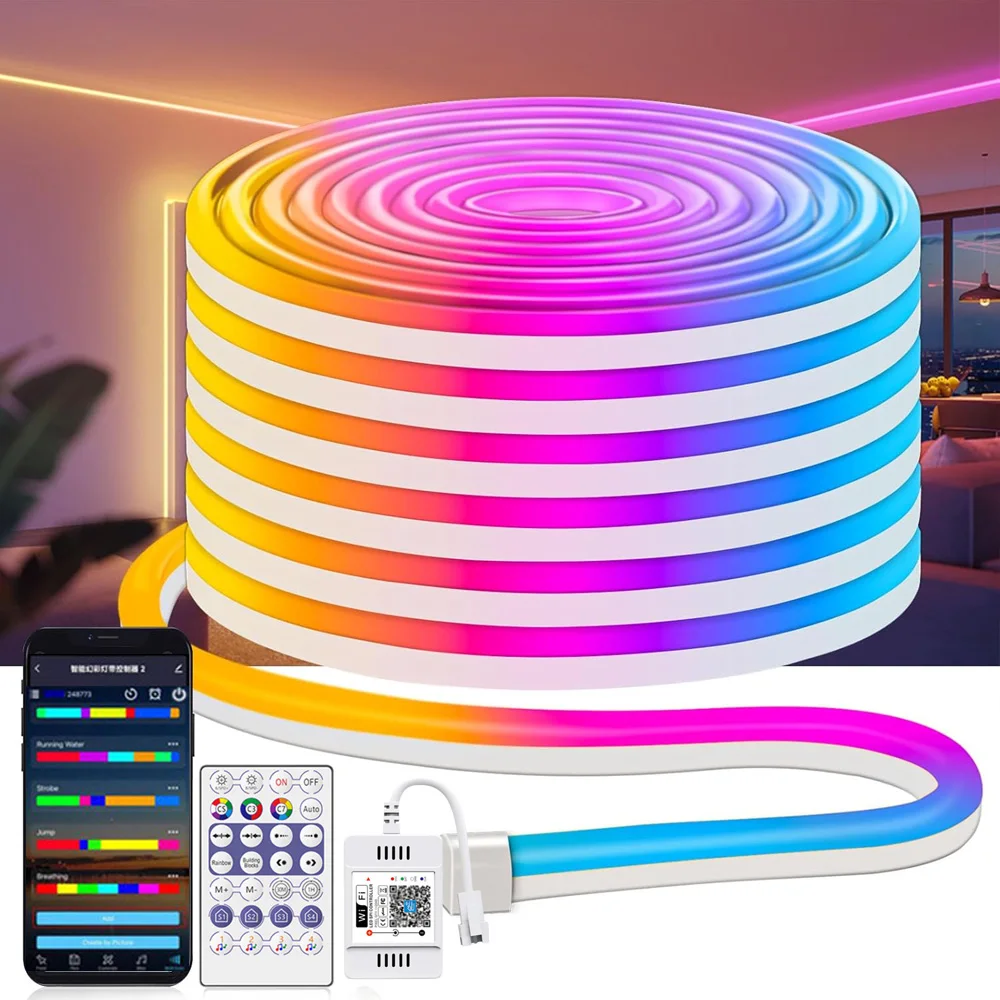 5m WiFi Neon RGBIC LED Strip Waterproof 24V Addressable IC Dream Color Party Game Room Light Remote Control fr Alexa Google Home