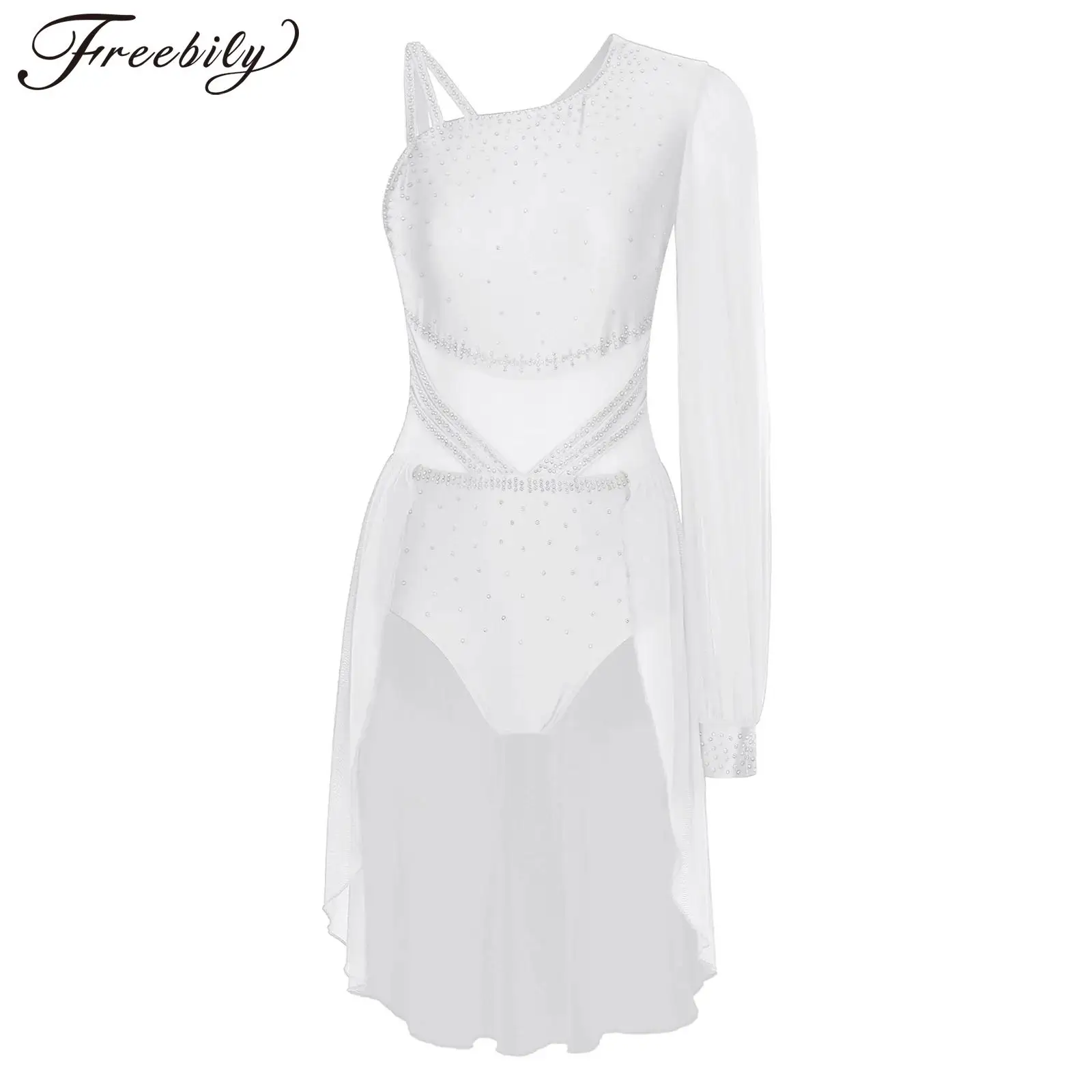 

Женский современный лирический латинский танец, фигурное катание, гимнастический костюм для выступлений на одно плечо, прозрачное сетчатое трико со стразами, платье