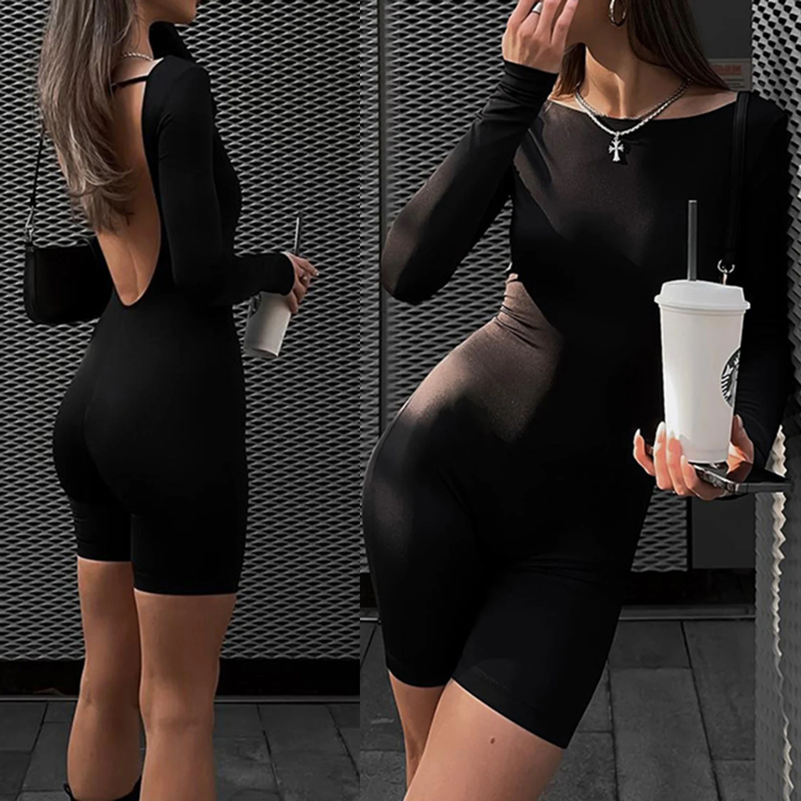 

Summer Women Short Jumpsuit Solid Color Long Sleeve Open Back Fitted Romper Streetwear