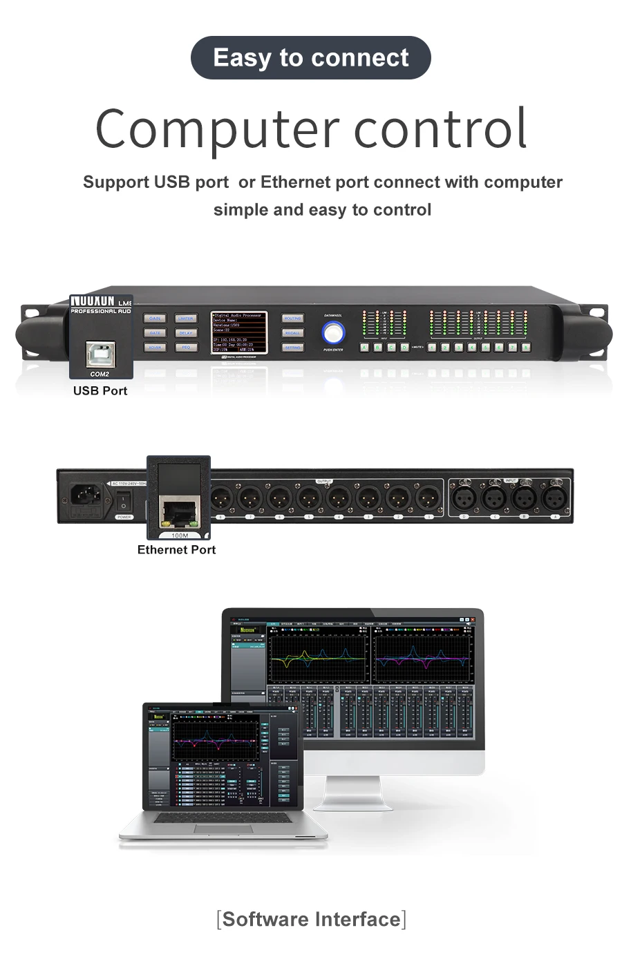 Professional 96K DSP Audio Processor 4x8 Speaker Management 4 Input 8 Out Digital Audio Processor