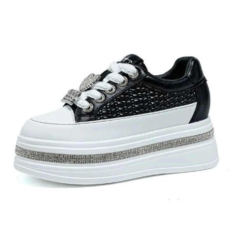 

7CM Luxury Fashion Genuine Leather White Women Casual Shoes Rhinestone Platform Sneakers for Women Sneakers Chunky Walking Shoes