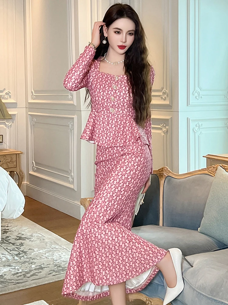 2023 Elegant Celebrity 2 Piece Outfits Women Lace Bright Silk Single Breasted Ruffle Tops Blouse Long Fishtail Skirt Sets Party