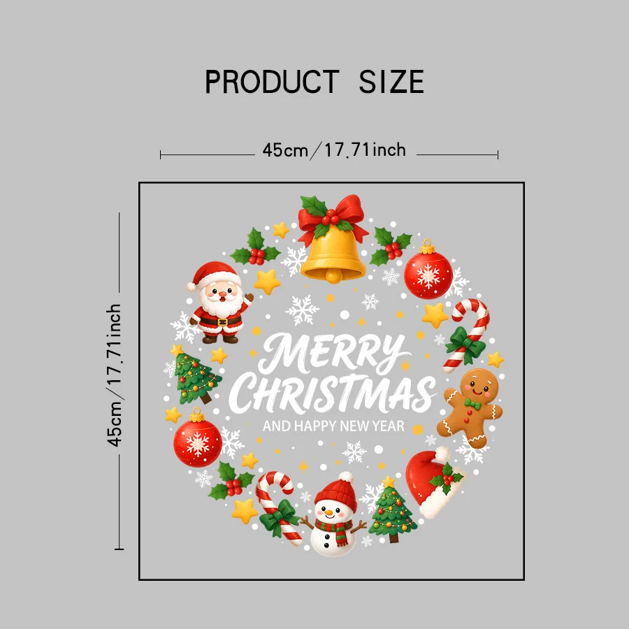 1 piece of 45* 45cm Christmas wreath electrostatic window sticker, featuring Santa Claus, snowman, gingerbread man, bells, and candy canes, suitable for holiday glass decoration in shops and homes