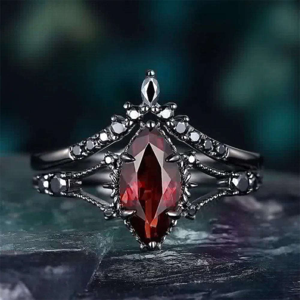 Anillos de circón con diamantes de imitación para mujer, sortija de cristal rojo, joyería de compromiso de boda, regalos, Color negro y dorado, 2 unidades por juego