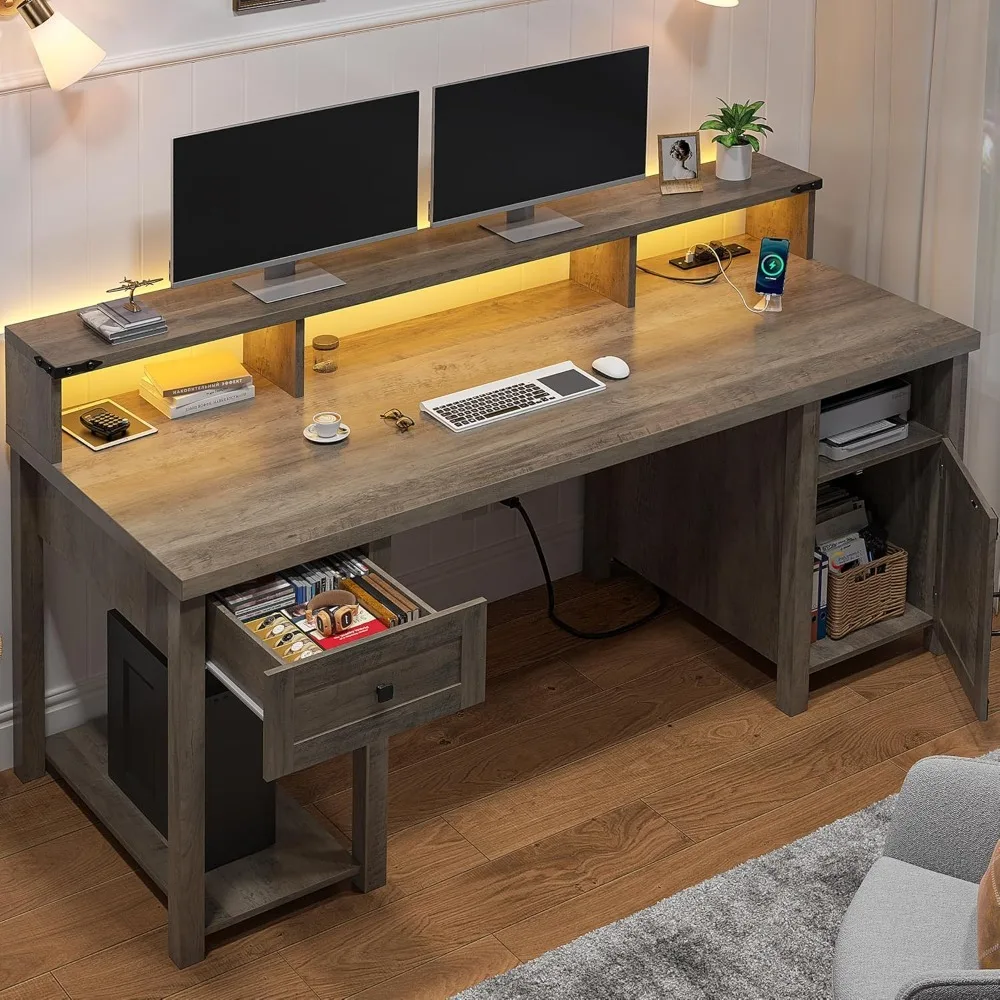 

55 "computer desk with drawers, reversible wooden desk with long monitor stand, power outlet desk with lockers and drawers