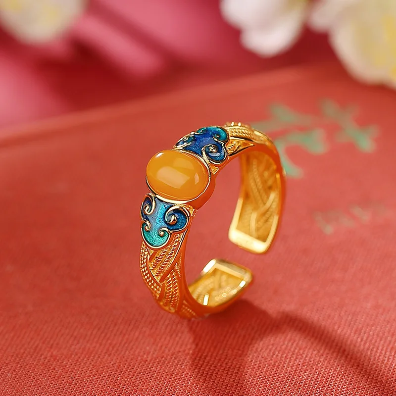 Silver Alloy Ancient Method Enamel Open Ring for Women Holiday Gift Artificial Honey Wax Cloud Pattern Court Sle Jewelry