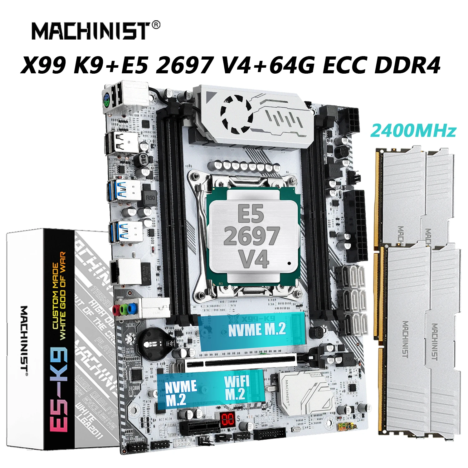 

MÁQUINA K9 X99 Placa-Mãe Combo LGA 2011-3 E5 2697 V4 kit Xeon CPU Processador DDR4 64GB = 4 * 16GB RAM 2133MHz Memória NVME M.2 USB 3.0 Quatro Canais