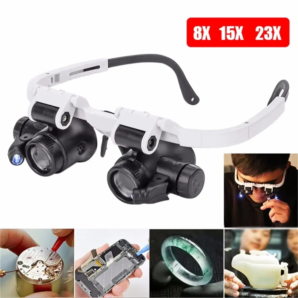 2xLED 8X 15X 23X Watch Jeweler Repair Magnifier Telescopic Magnifier Glasses with 2 LED Light for Reading Wearing