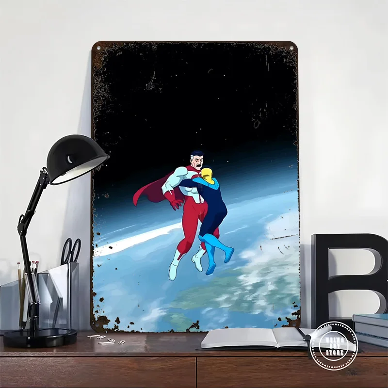 Omni-Man and Invincible in Space Tinplate Poster Customized Wall Art Vintage Metal Signs Retro Plates for Modern Home Decoration