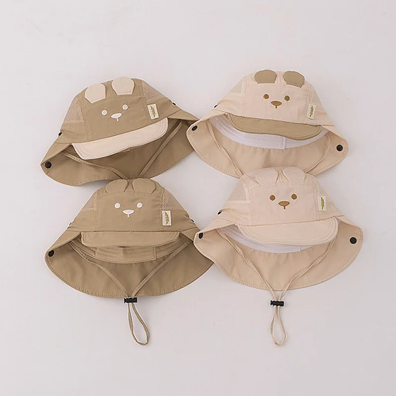 Boys Girls Neck Protection Kids Panama Hat Breathable Summer Baby Hat Cartoon Bear Ear Embroidery Quick Dry Fisherman Hats view 3