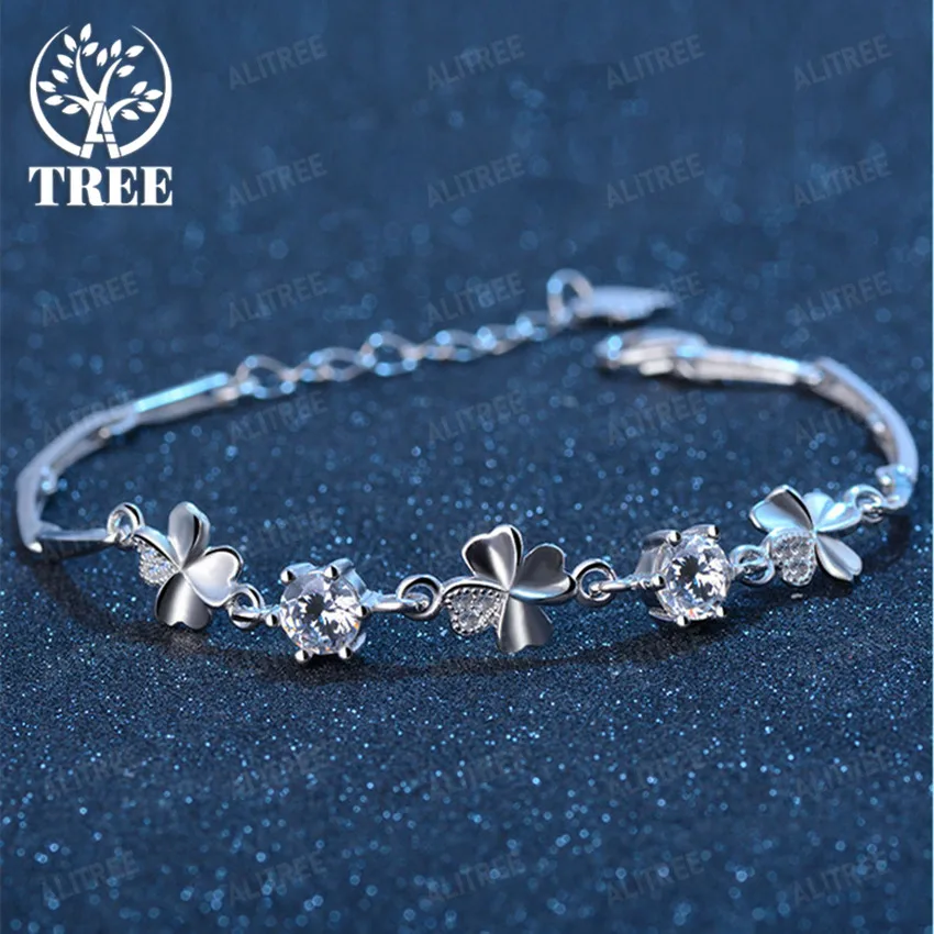 

925 Sterling Silver Zircon Lucky Clover Shaped Bracelet Crystals Chain for Women Valentines Gift Wedding Party Cute Jewelry 20cm