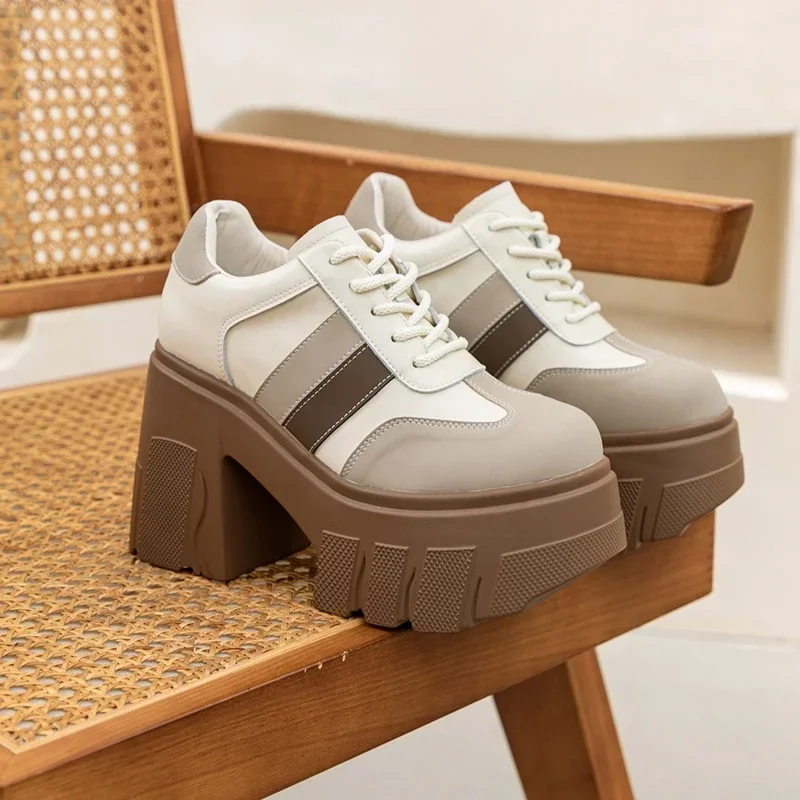 

11cm High Platform High Heels Fashion Designer Chunky Heel Shoes for Women Lace-up Thick Sole Leather Womens Shoes Zapatos Mujer