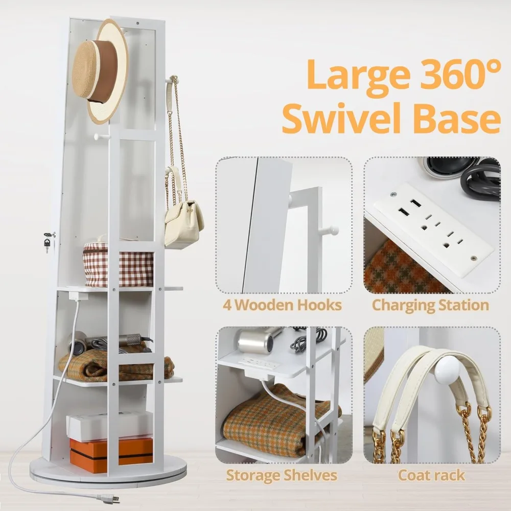 360° Swivel Mirrored Jewelry Cabinet with Full-Length Mirror, Charging Station, Lockable Standing Jewelry Organizer