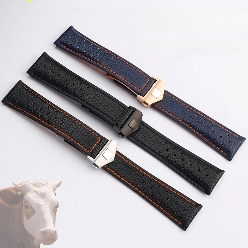 Breathable Hole Accessories for TAG Heuer Calila Monaco Soft Genuine Leather 22mm Black Steel Fold Buckle Watch Strap