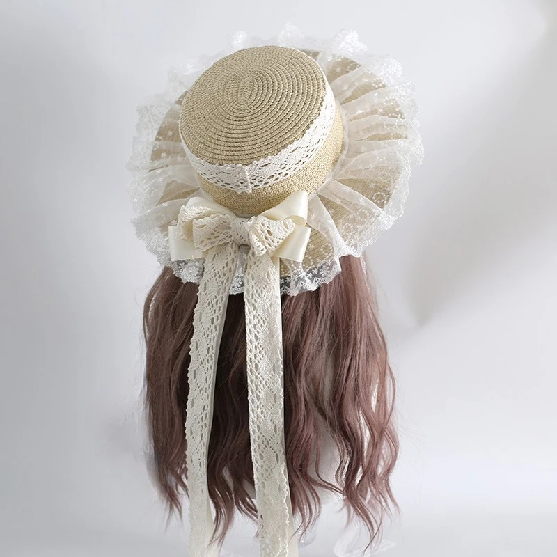 Cappello parasole stile foresta originale Cappello da campagna morbido per ragazza in erba Cappello di paglia galleggiante con fiocco in pizzo stile bambola