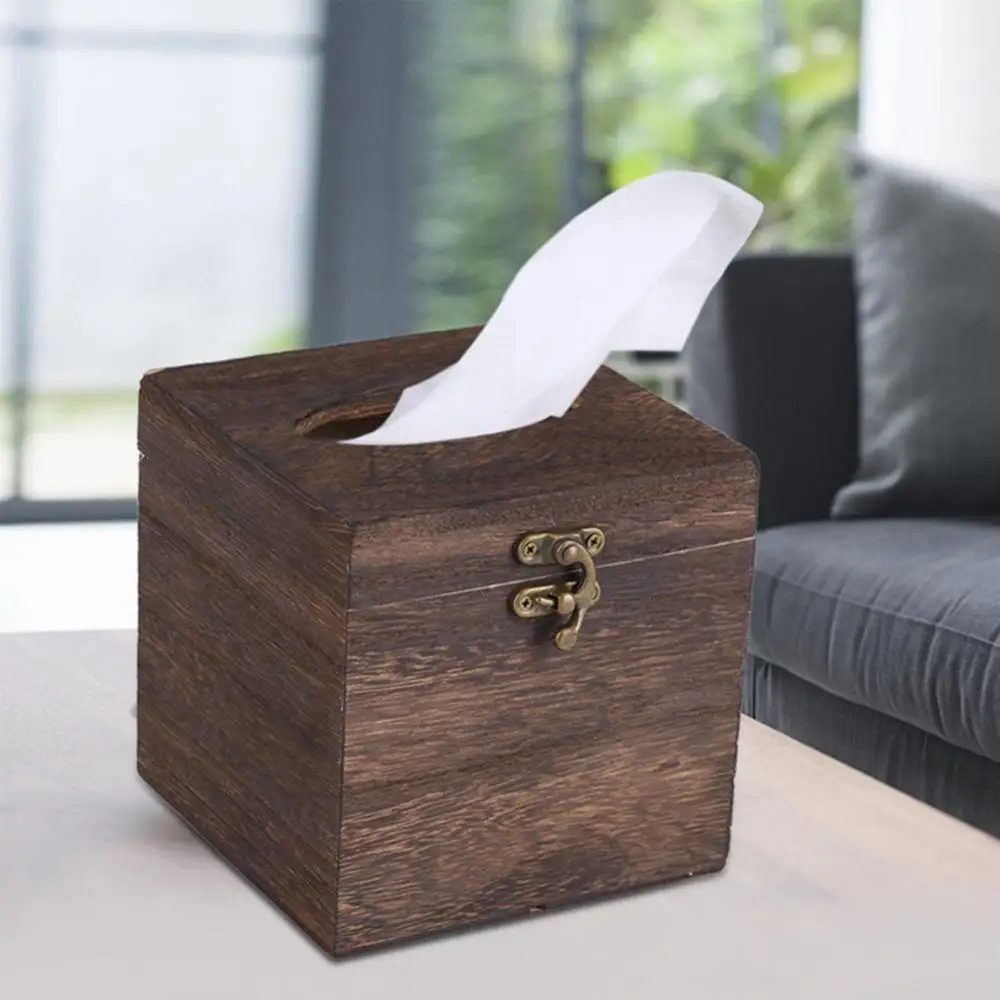 Solid Wood Tissue Case Vintage Metal Lock Desktop Tissue Box Household Home Living Room Decoration Storage Box Napkin Holder