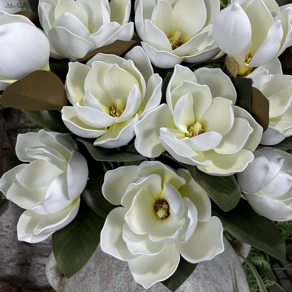 SunMade 3 Heads Magnolia Branch Vintage Artificial Flowers Home Wedding Decoration Fall Decor Green Flower Flores Artificiales
