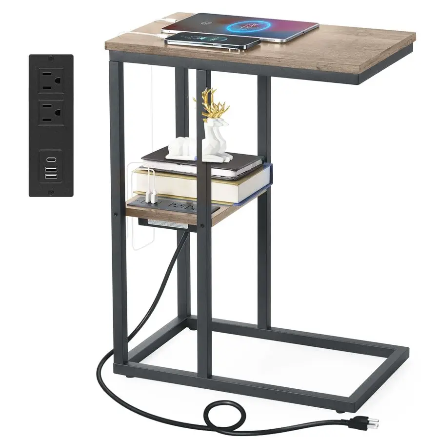 

C Shaped End Table with Charging Station, Small Side Table for Couch, Snack Side Table with USB Ports and Outlets for Small Spac