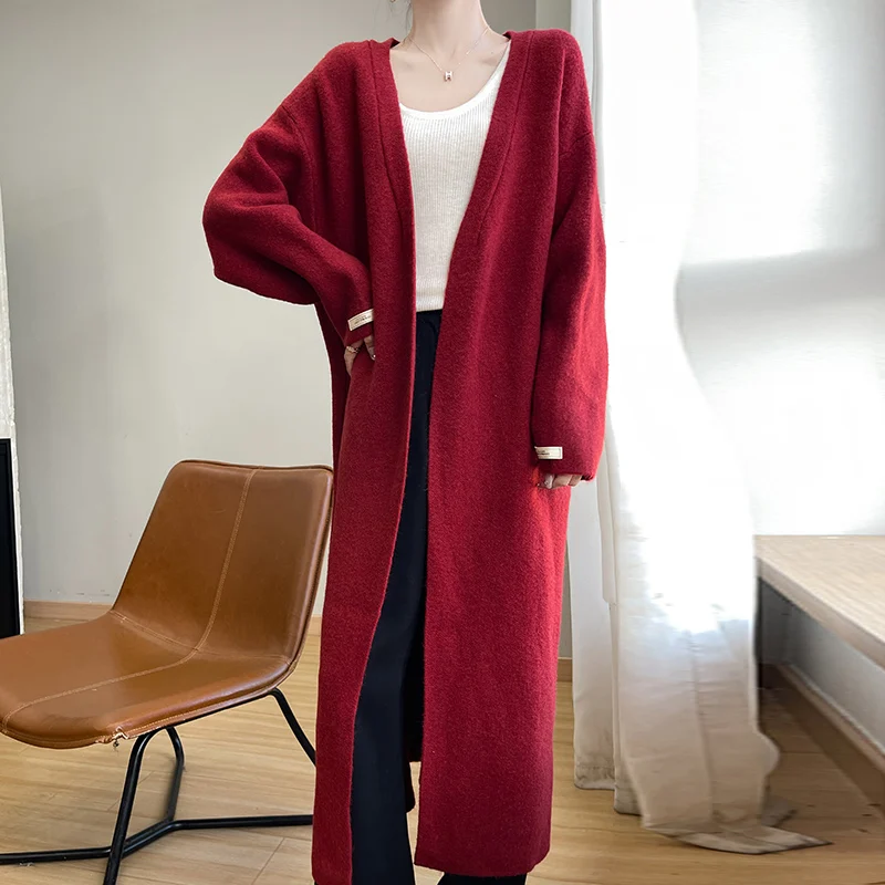 

Высококачественный камвольный кардиган из 100% шерсти, женский осенне-зимний кардиган с v-образным вырезом, утягивающее темпераментное пальто, пальто средней длины