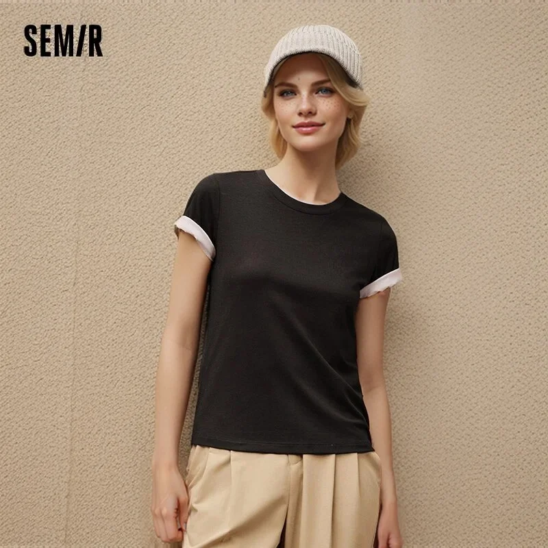 Semir Short Sleeve T-Shirt Women Slim Positive Shoulder Solid Colour Basic 2024 Summer New Antibacterial Round Neck Pullover Tee