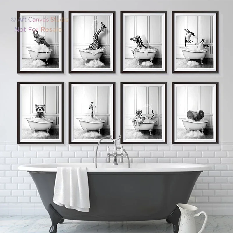 New Arrival Black White Animals In Tub Bathroom Wall Art Canvas Painting Posters and Prints Wall Pictur for Room Decor One Pi