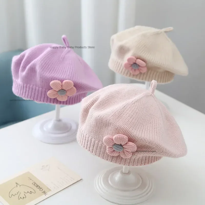 Fashion Cute Baby Knitted Beret Hat Solid Color Flower Children\'s Warm Hats Autumn Winter Cap for Kid Outdoor Bonnet Accessories