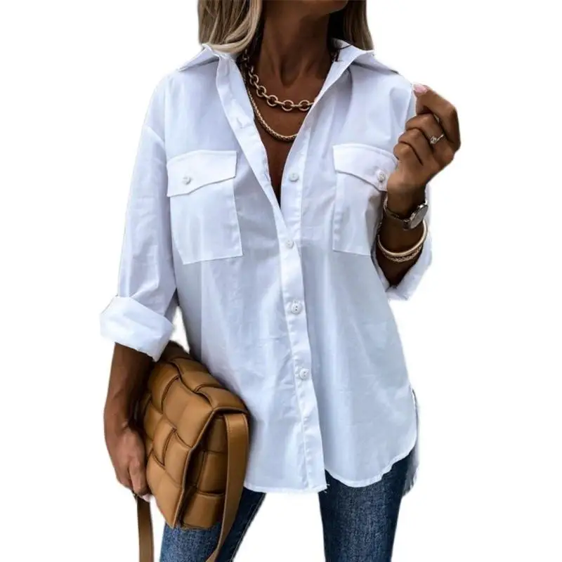 المرأة غير النظامية irt ربيع الخريف بلوزات فضفاضة السيدات مستقيم قطع طويلة Sve طوق زر أسفل ألياف البوليستر