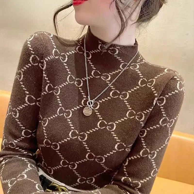 

Women's Clothing Fashion All-match Chic Letter Sweaters Autumn Winter New Elegant Slim Mock Neck Knit Pullovers Lady Y2k Tops