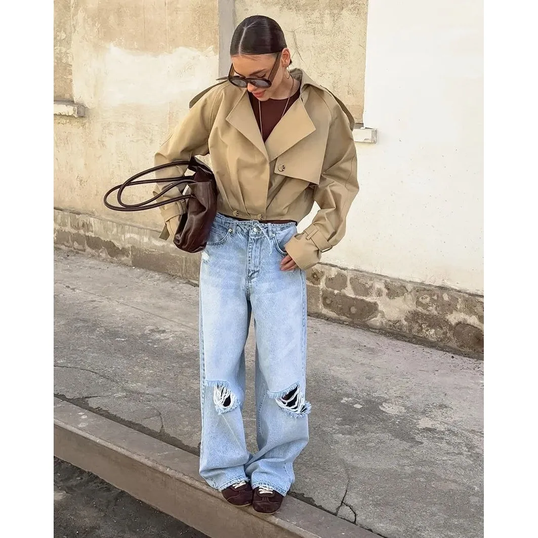 

Autumn Cropped Trench Jaet Women Streetwear Double Breasted Cleanfit Sle Winter Thiened Fem Faion Sweater