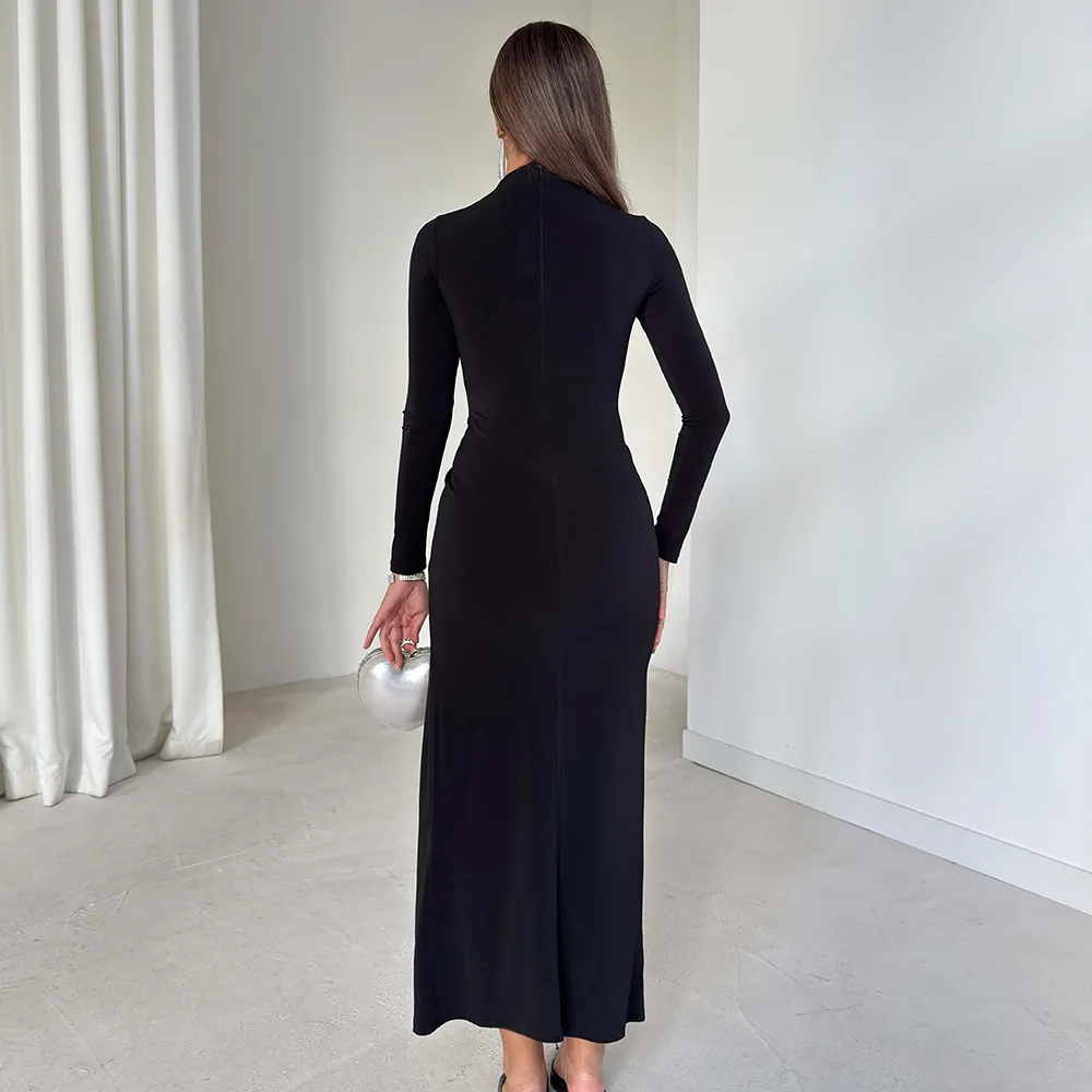 Apprabant Women Fall Winter Solid Ruched Button Up Long Sleeve Dress O-Neck Slim Fit Elegant Casual Outfit Fashion Streetwear