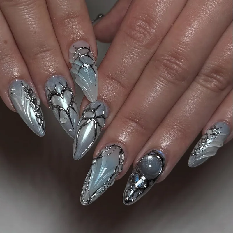 24Pcs Long Almond Stiletto False Nails Silver Base Ivy Design Press on Fake Nails Finished Simple Wearable Stick on Nail Tips