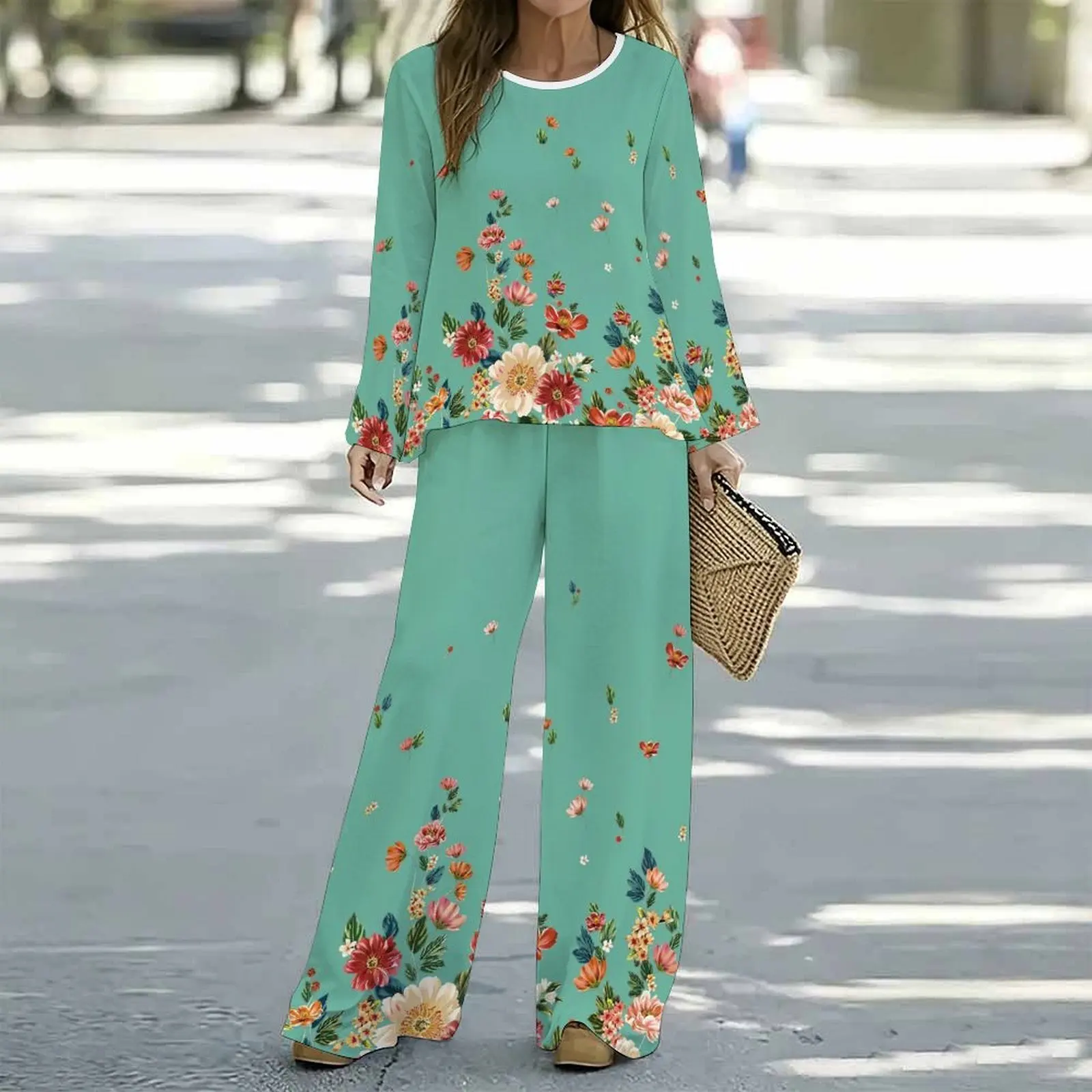 Women Spring/summer Print Two Piece Set Street Vacation Long Sleeves Fashion Retro Tops Everyday  Casual Long Pants