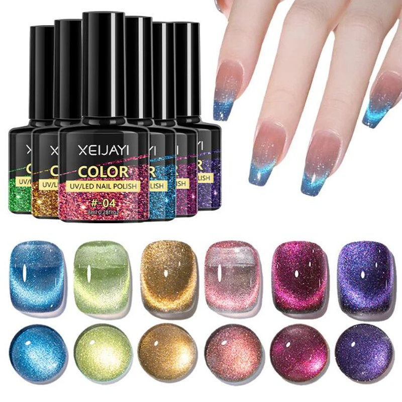 8ml Glitter Ice Blue Cat Eye Magnetic Gel Colorful Nail Polish Rainbow Shiny Gel Varnish Reflective Glitter UV Gel For Nail Art