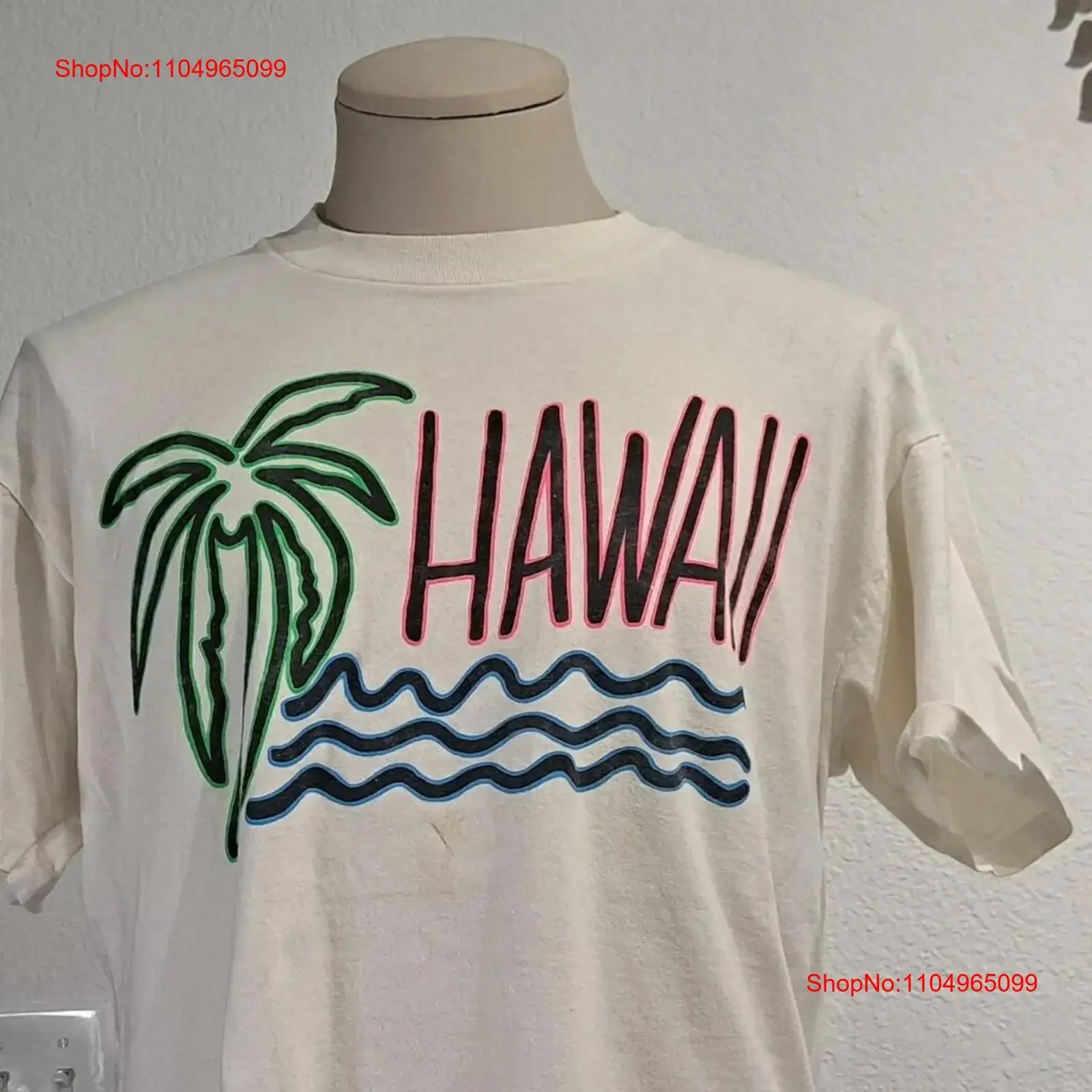 خمر 80s هاواي شجرة النخيل الأبيض تي شيرت حجم L خمر غسلها تنوعا للجنسين عارضة مصمم الملابس امتدت قليلا #1