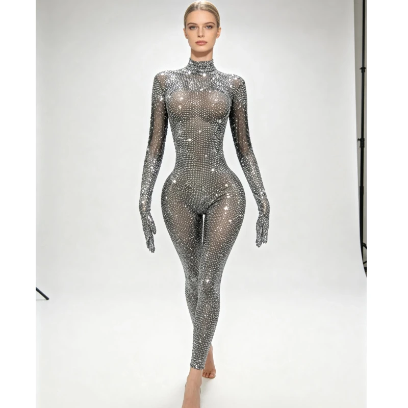 

Роскошный комбинезон с полной отделкой стразами, круглым вырезом, длинными рукавами, блестящими пайетками, облегающий, для танцев