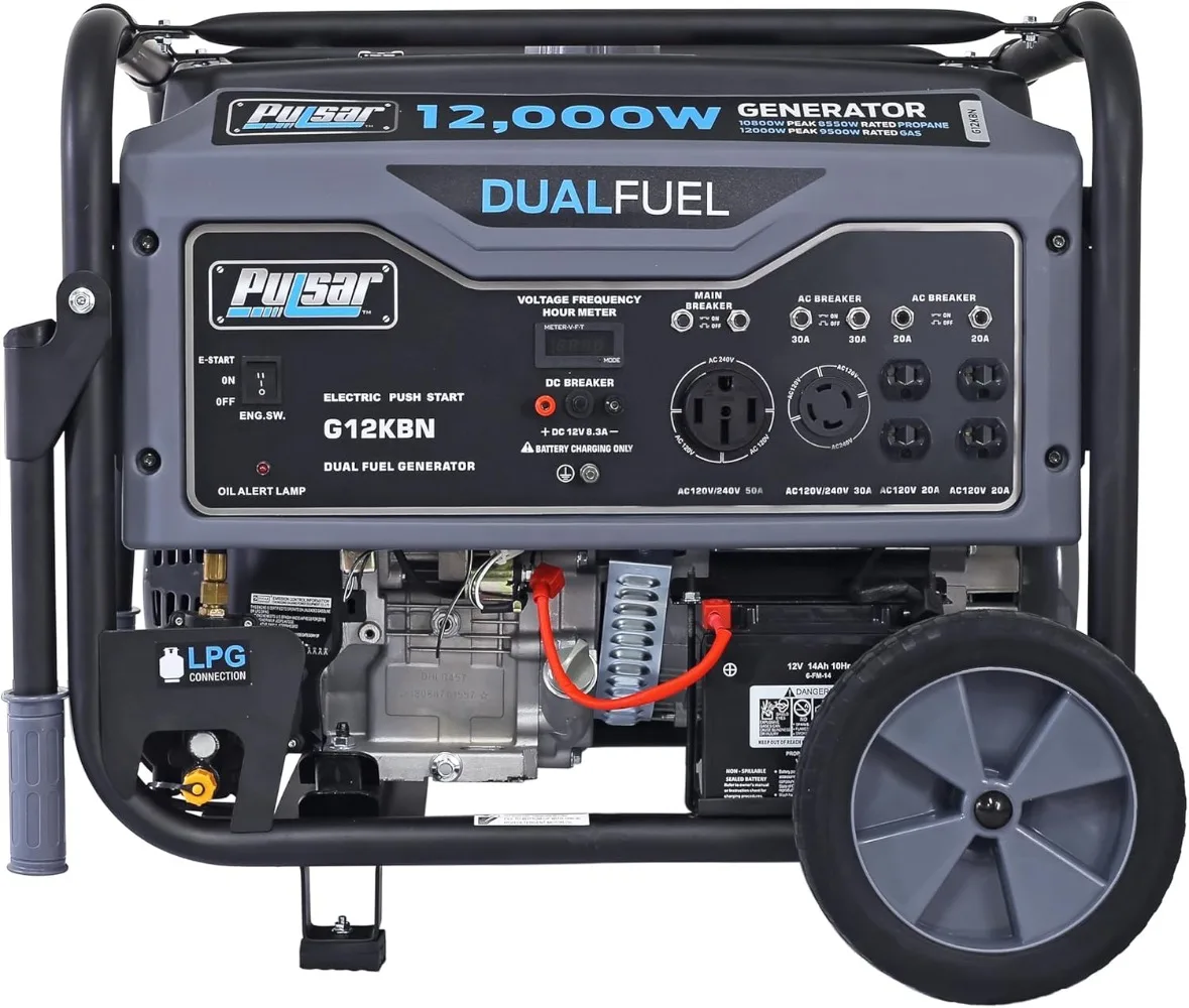 Heavy Duty Portable Dual Fuel Generator,9500 Rated Watts & 12000 Peak Watts,Gas & LPG Electric Start Transfer Switch