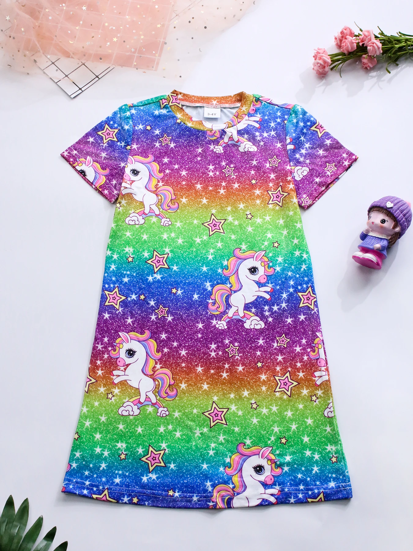 Cartoon Unicorn Gradient Print Girls Nightdress Comfortable & Cute Style Fashion Princess Pajamas For Girls, Kids' Cozy Loungewe