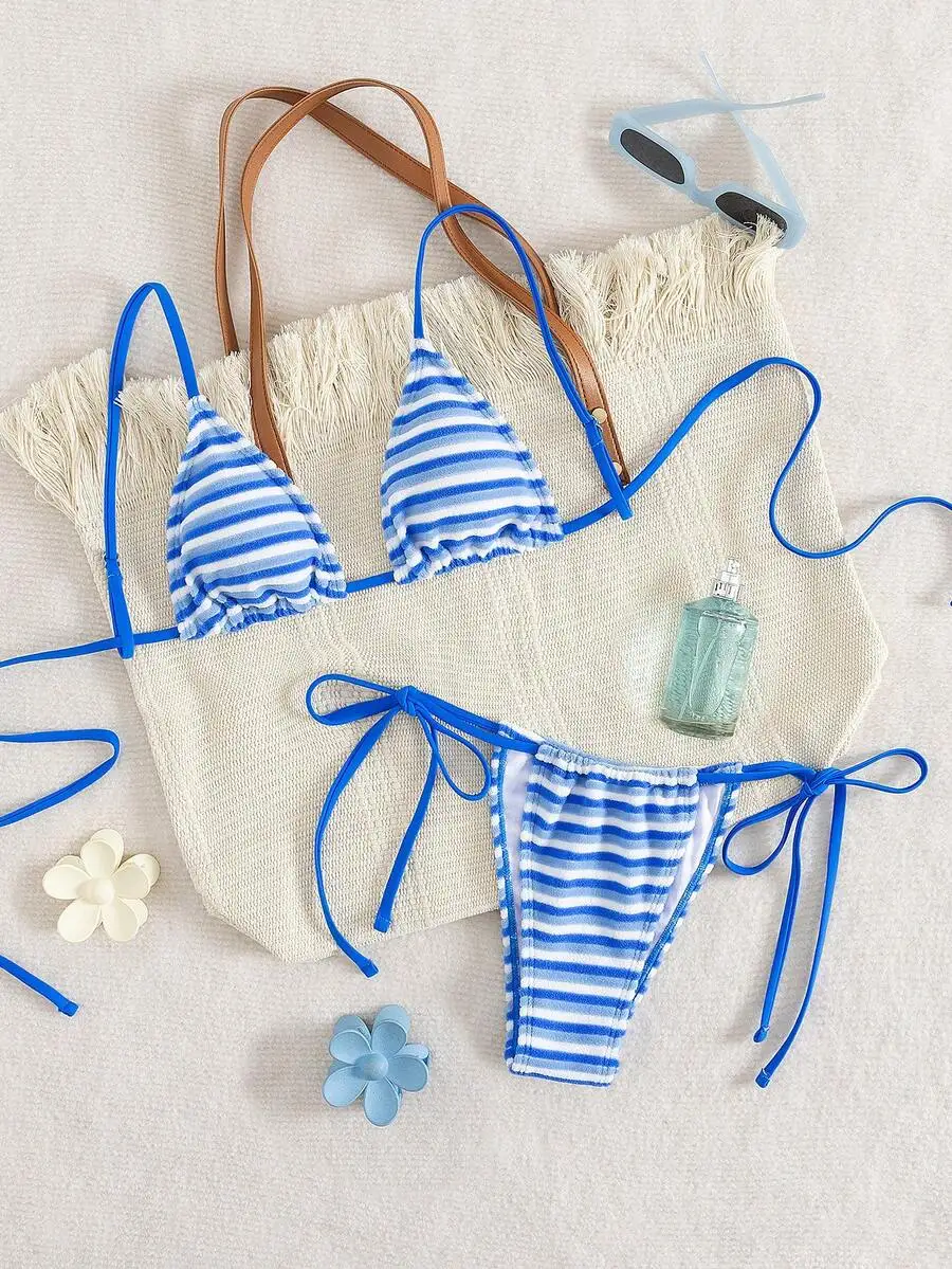 

Soft Stripe Terry Cloth Adjustable Strappy Crisscross Back Bikini Set For Women Summer Beach Swimwear