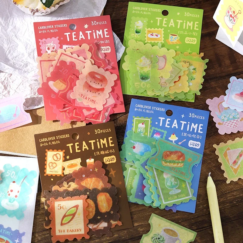 30pcs "Tea Time" Light-colored Retro Seal Food Stickers Japanese Teahouse Pattern Handbook Collage  Kawaii Stickers