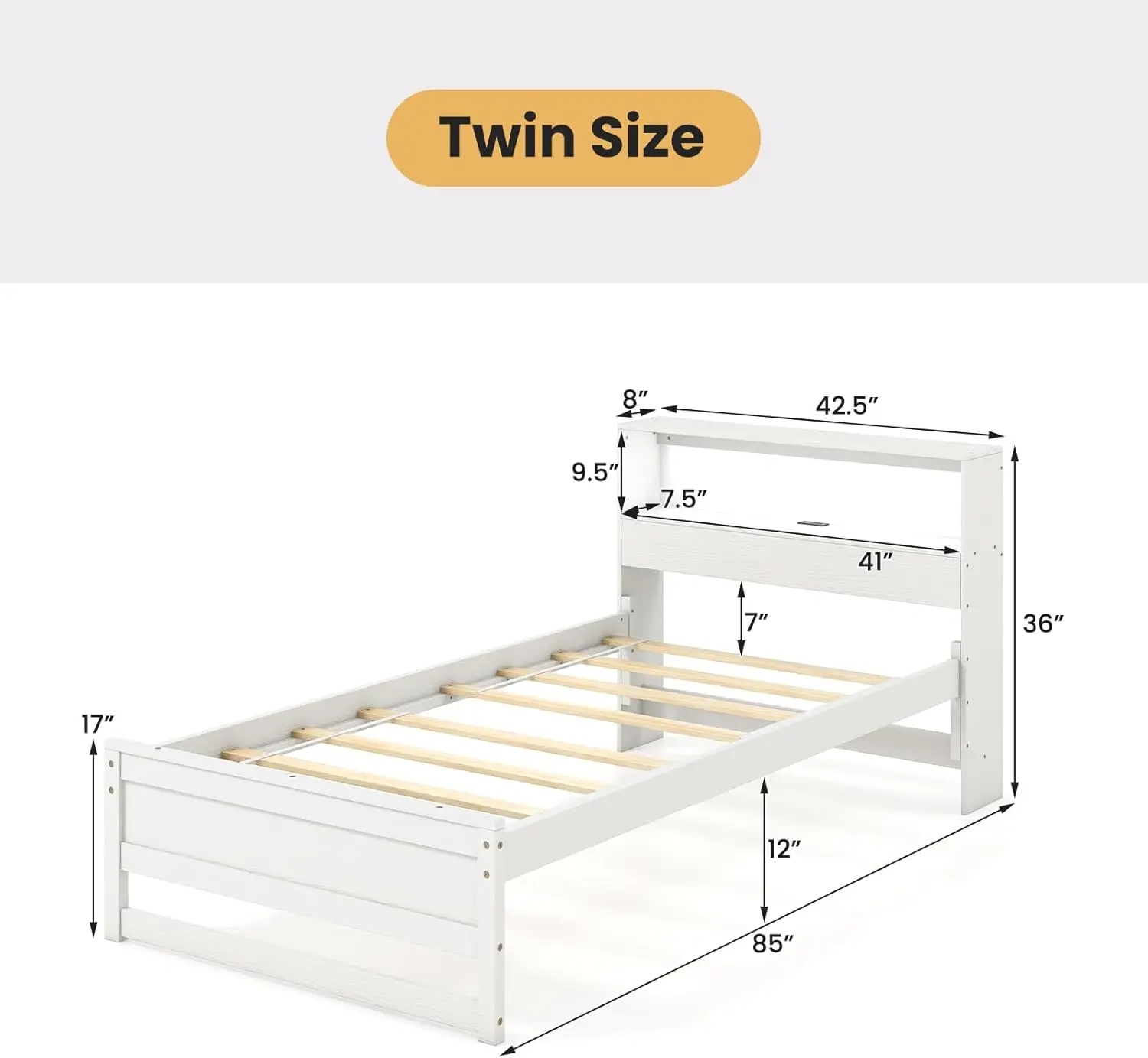 Twin Bed Frames with Storage Headboard, Wood Platform Bed with Charging Station & LED Light, Single Bed with Slats Support