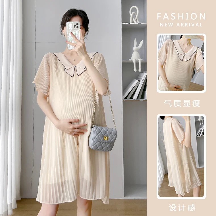 Summer Fashion Pleated Chiffon Maternity Dress Sweet Loose Straight Clothes for Pregnant Women OL Work Formal Pregnancy