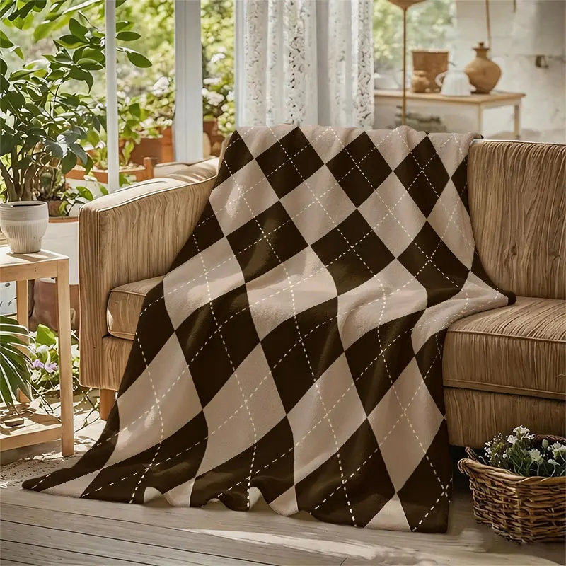 Brown Argyle Flannel Blanket Warm Soft Halloween Christmas Decorative Couch Warm Cozy All-Season Gift