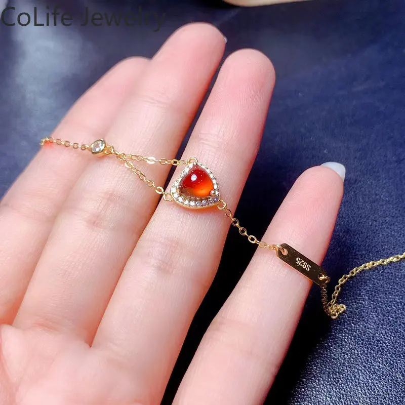 Natural Fanta Garnet Bracelet 6mm Cabochon Heart Fanta 925 Silver Jewelry with 3 Layers Hold Plating Fashion Gemstone Bracelet