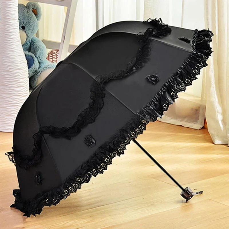 3D Flower Lace Trim Sun Umbrella Black Coating Anti UV Sunscreen Outdoor Portable Women Parasol Strong Wind Resistant Vintage