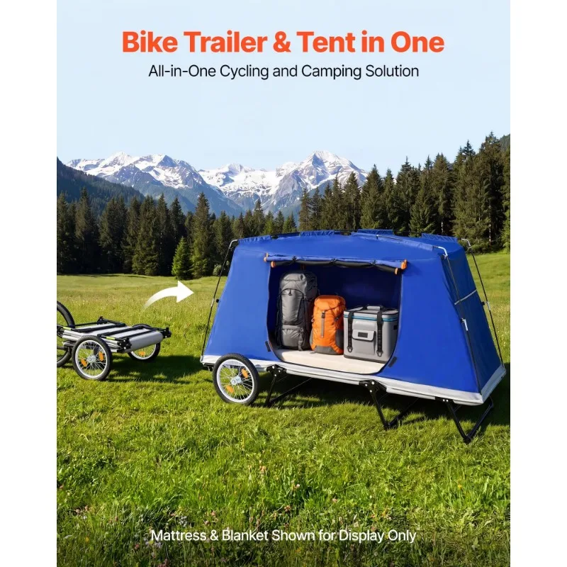 Bicycle camping trailer tent with 300 lbs static load folding bike frame with 16-inch wheels and carbon steel frame